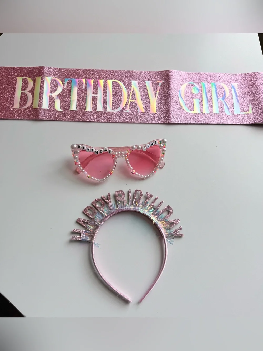3 PCS Birthday Girl Set. Sash, Tiara & Heart Shaped Glasses.
